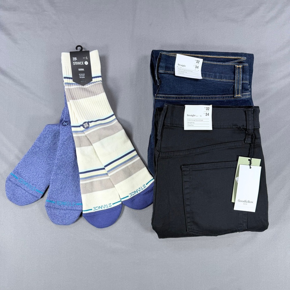 Bundle Goodfellow Mens 32x34 Black Blue Cotton Straight Leg Pants Stance Socks